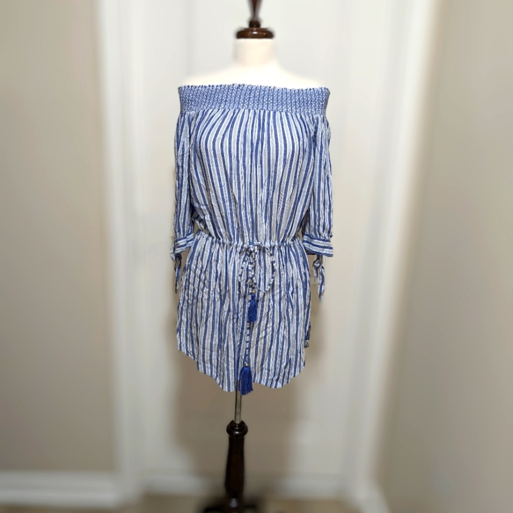 BLUE ISLAND Boho Striped Off The Shoulder Dress Sz L with Free Shipping